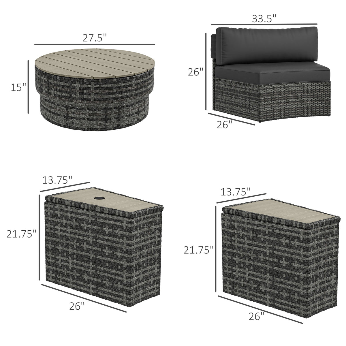 Outsunny 8PC Outdoor Conversation Set w/ 4 Rattan Sofa Chairs, 4 Tables & Umbrella Hole, Mixed Gray - 860-310V00GY