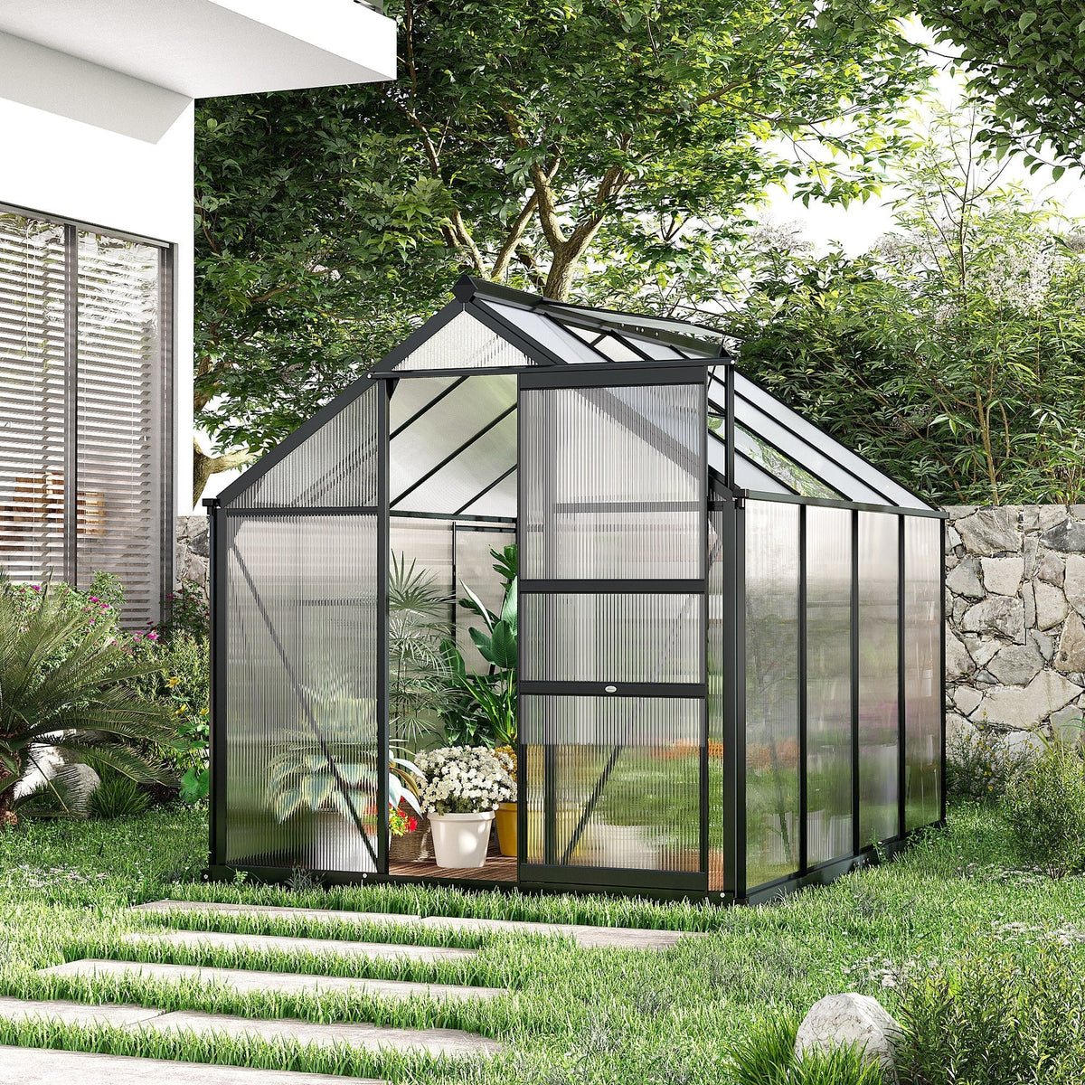 Outsunny BloomGreen 6' x 8' Greenhouse with Rain Gutter and Roof Vent Gray - 845-059GY