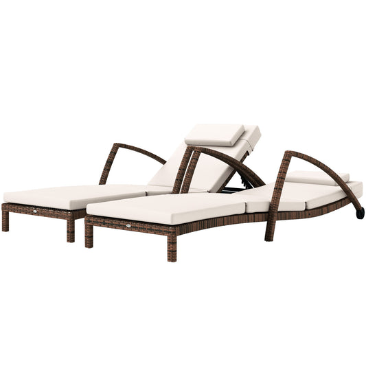 Outsunny Set of 2 Outdoor Chaise Lounge Chair with Wheels, 5-Position Adjustable Reclining, Beige - 862-078V01BG