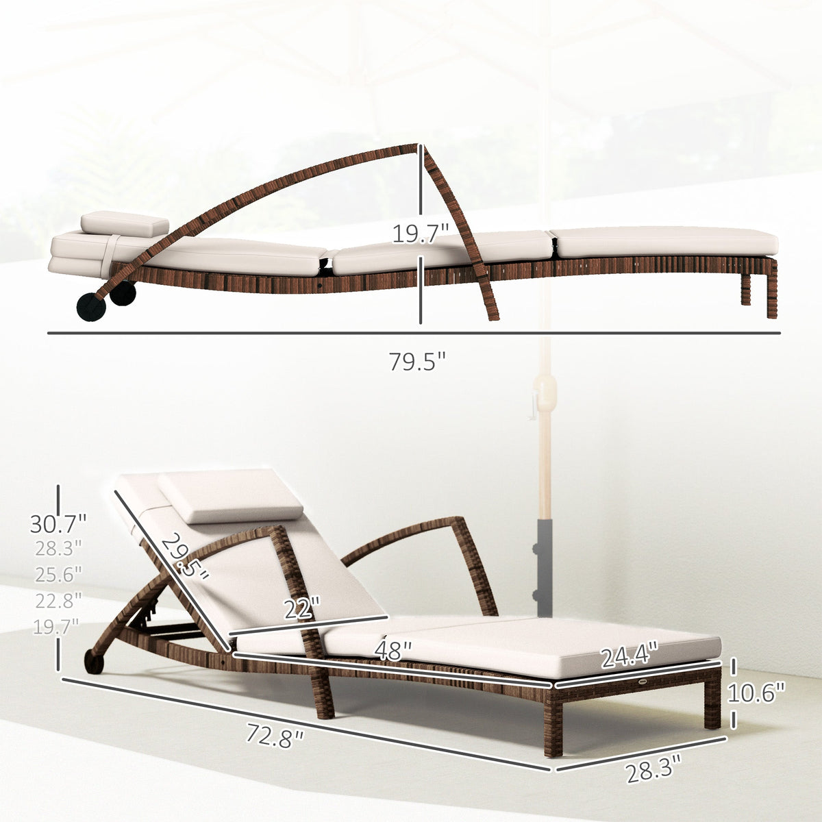 Outsunny Set of 2 Outdoor Chaise Lounge Chair with Wheels, 5-Position Adjustable Reclining, Beige - 862-078V01BG
