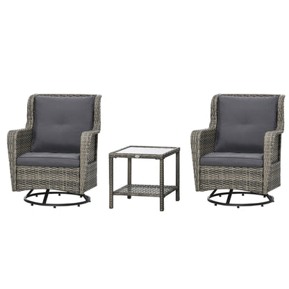 Outsunny 3 Pieces Patio Bistro Set with Glass Coffee Table and Swivel Porch Chairs, Gray - 863-113V00GG