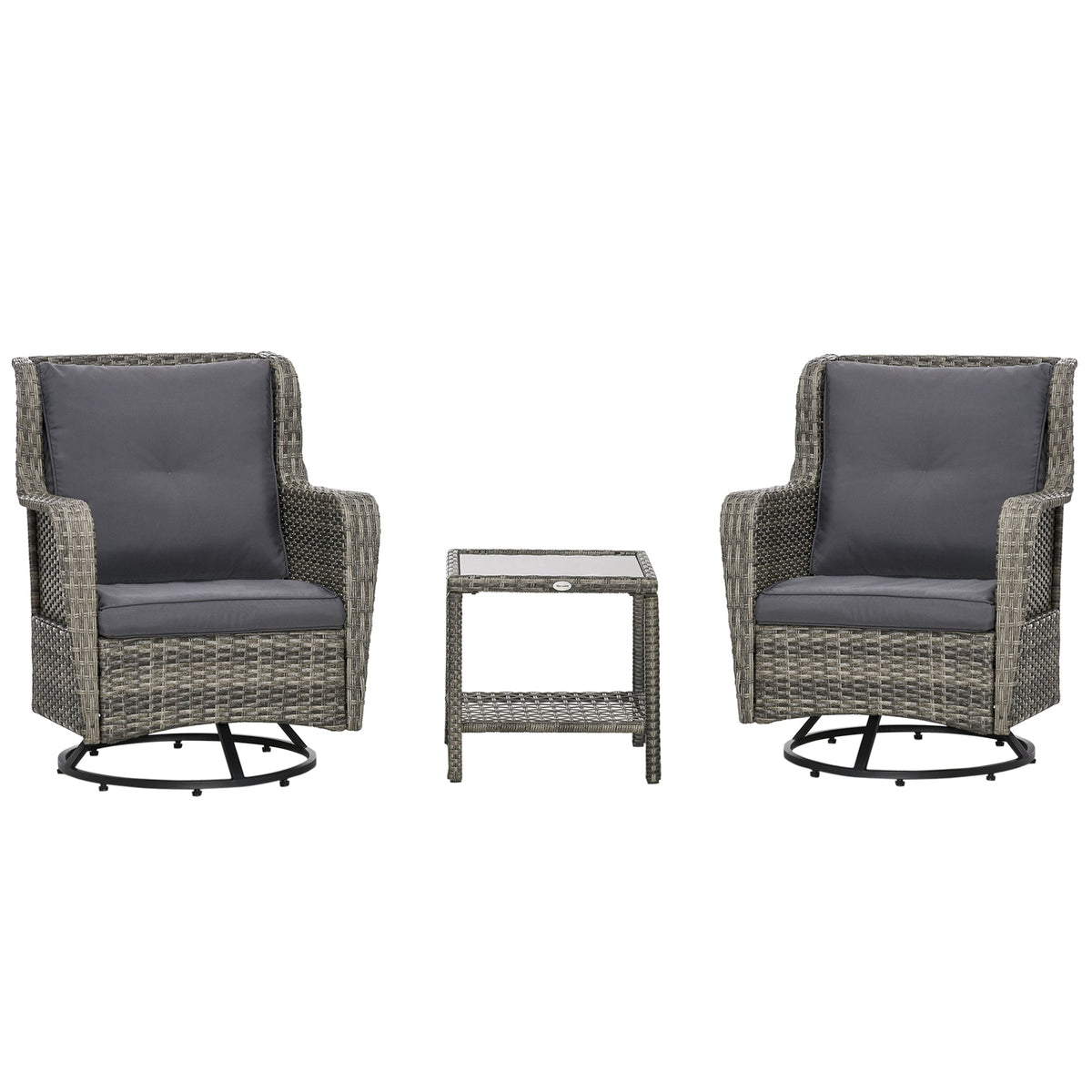 Outsunny 3 Pieces Patio Bistro Set with Glass Coffee Table and Swivel Porch Chairs, Gray - 863-113V00GG