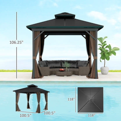 Outsunny 10' x 10' Hardtop Gazebo with Aluminum Frame, Doublel Roof & Curtains, Dark Brown - 84C-145V08DR