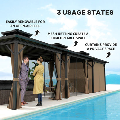 Outsunny 10' x 10' Hardtop Gazebo with Aluminum Frame, Doublel Roof & Curtains, Dark Brown - 84C-145V08DR