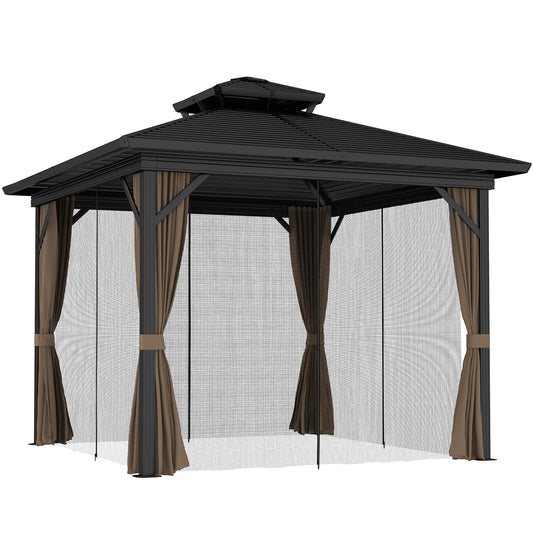 Outsunny 10' x 10' Hardtop Gazebo with Aluminum Frame, Doublel Roof & Curtains, Dark Brown - 84C-145V08DR