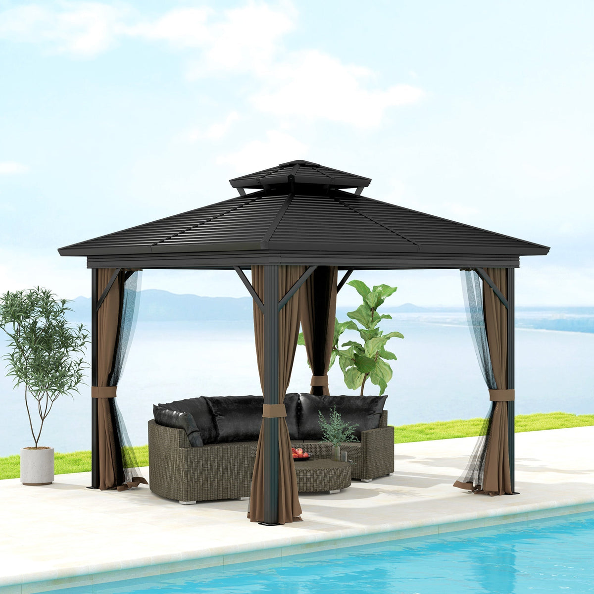 Outsunny 10' x 10' Hardtop Gazebo with Aluminum Frame, Doublel Roof & Curtains, Dark Brown - 84C-145V08DR