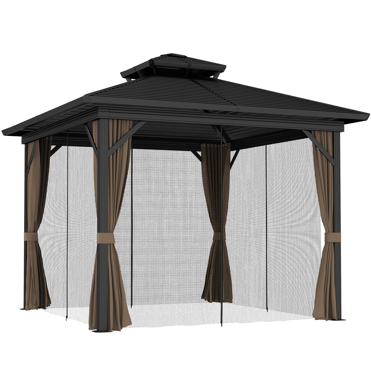 Outsunny 10' x 10' Hardtop Gazebo with Aluminum Frame, Doublel Roof & Curtains, Dark Brown - 84C-145V08DR