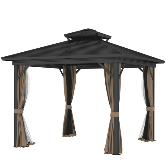 Outsunny 10' x 10' Hardtop Gazebo with Aluminum Frame, Doublel Roof & Curtains, Dark Brown - 84C-145V08DR