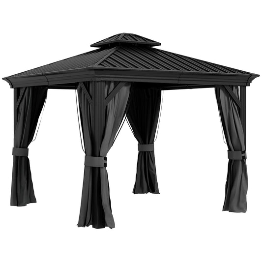 Outsunny 10' x 10' Hardtop Pavilion Gazebo with Curtains, Nettings, Aluminum Frame, Hooks, Light Gray - 84C-204V05LG