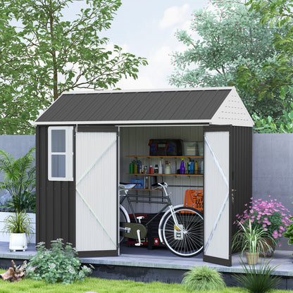 Outsunny 8' x 5.5' Extra Large Garden Shed, Tool Storage with Window, Metal Sloped Roof, Dark Gray - 845-331V01CG