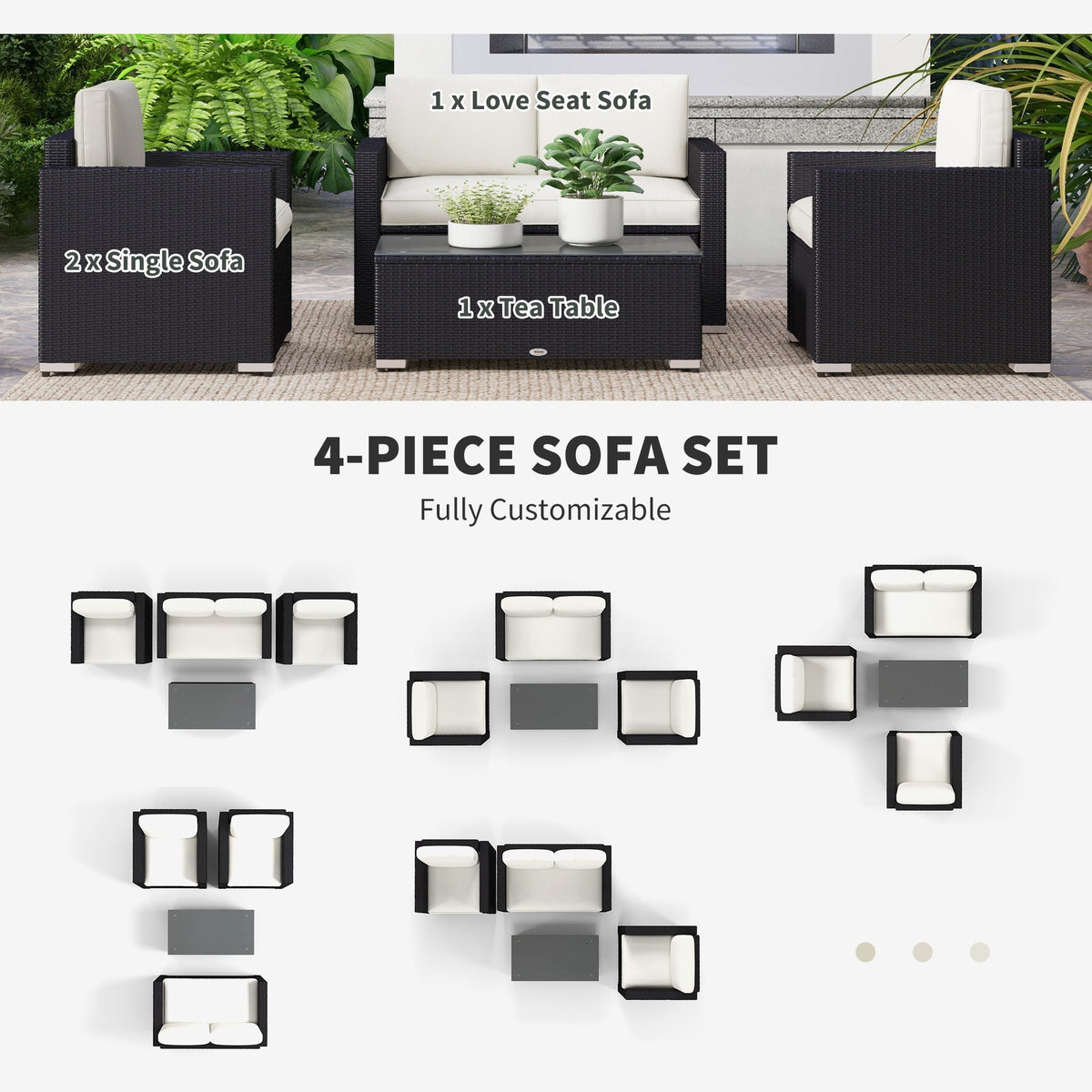 Outsunny 4-Piece Rattan Patio Sofa Set with Loveseat & Glass Coffee Table, Cream - 841-086V02CW