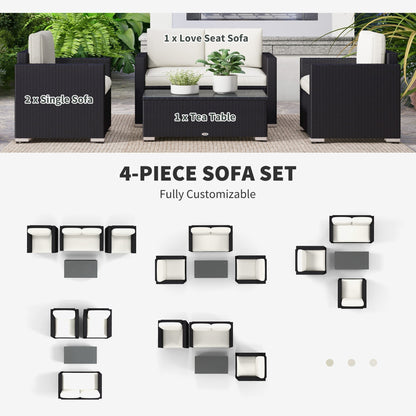 Outsunny 4-Piece Rattan Patio Sofa Set with Loveseat & Glass Coffee Table, Cream - 841-086V02CW