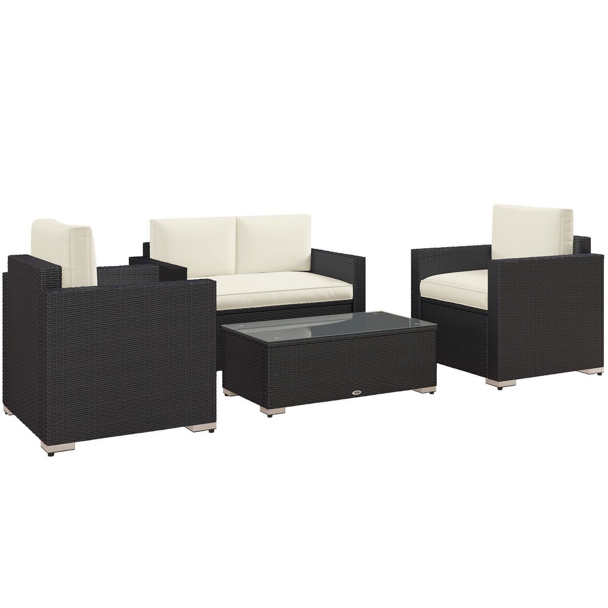 Outsunny 4-Piece Rattan Patio Sofa Set with Loveseat & Glass Coffee Table, Cream - 841-086V02CW