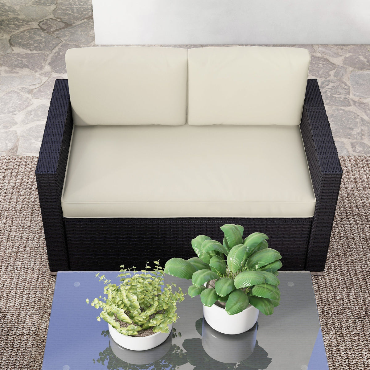 Outsunny 4-Piece Rattan Patio Sofa Set with Loveseat & Glass Coffee Table, Cream - 841-086V02CW