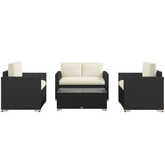 Outsunny 4-Piece Rattan Patio Sofa Set with Loveseat & Glass Coffee Table, Cream - 841-086V02CW