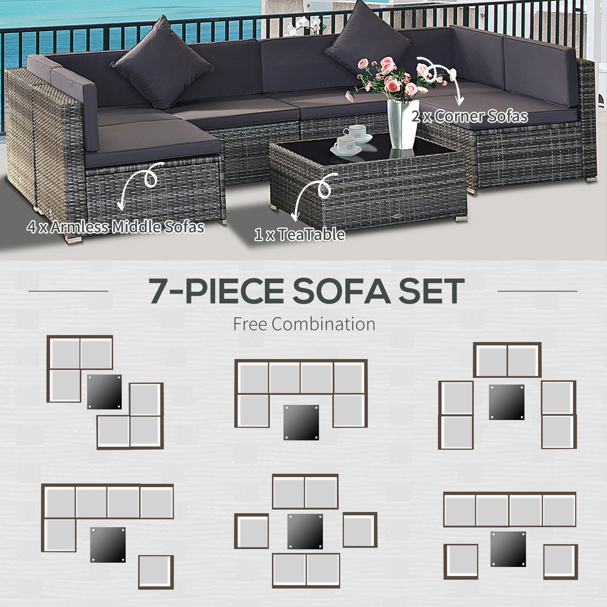 Outsunny 7-Piece All-Weather PE Rattan Sectional Sofa Set with Cushions & Glass Table, Gray - 860-020V01GY