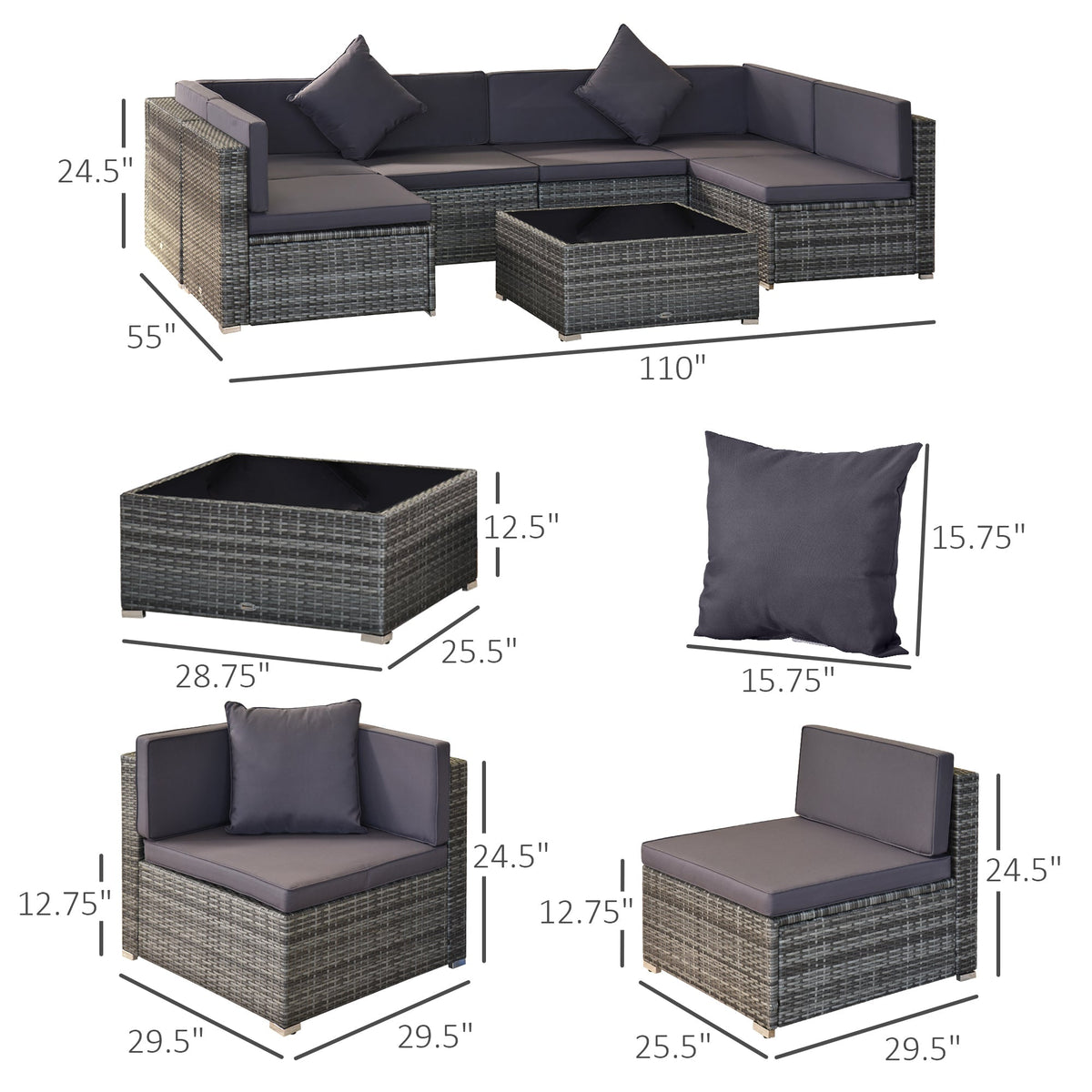 Outsunny 7-Piece All-Weather PE Rattan Sectional Sofa Set with Cushions & Glass Table, Gray - 860-020V01GY
