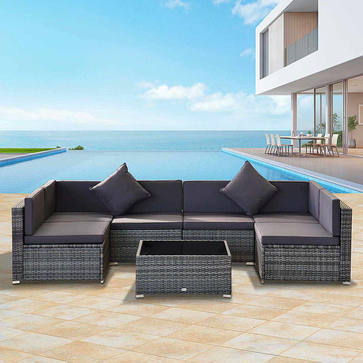 Outsunny 7-Piece All-Weather PE Rattan Sectional Sofa Set with Cushions & Glass Table, Gray - 860-020V01GY