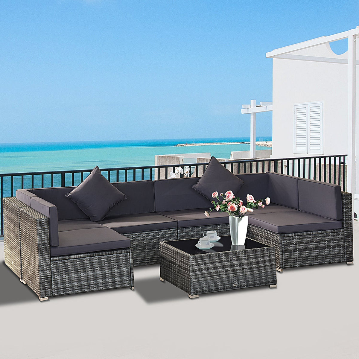 Outsunny 7-Piece All-Weather PE Rattan Sectional Sofa Set with Cushions & Glass Table, Gray - 860-020V01GY