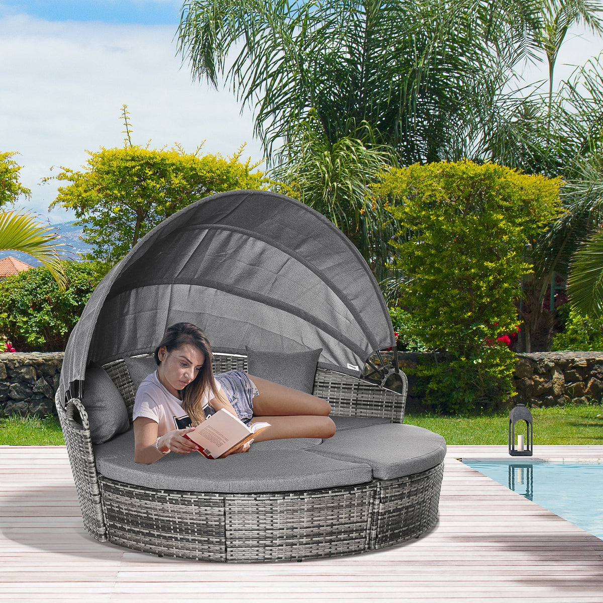 Outsunny Round Outdoor Daybed with Canopy, 4-Piece Sectional Outdoor Sofa, 3 Chairs, Tea Table, Gray - 862-047