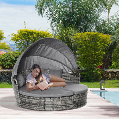Outsunny Round Outdoor Daybed with Canopy, 4-Piece Sectional Outdoor Sofa, 3 Chairs, Tea Table, Gray - 862-047