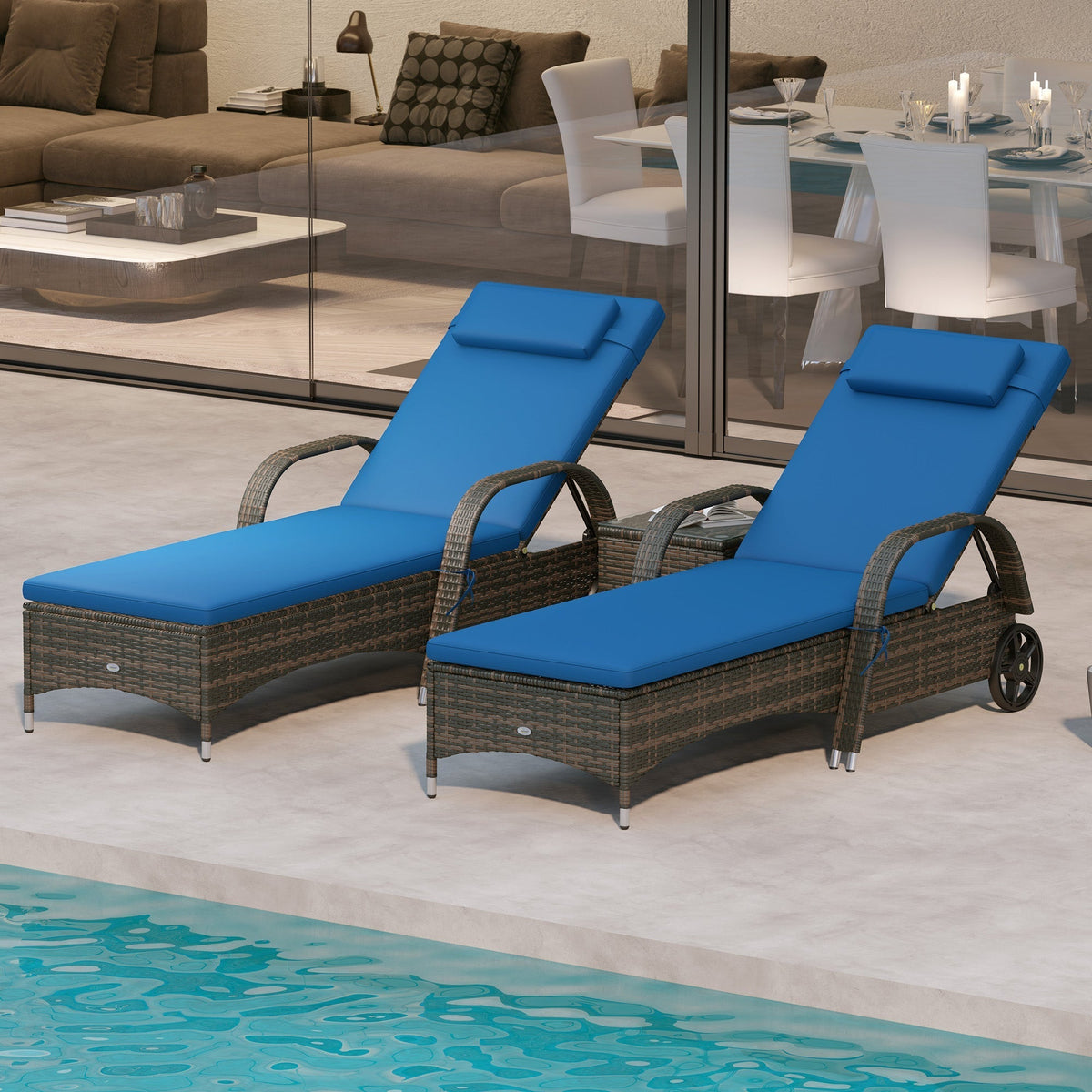 Outsunny 3-Piece Wicker Chaise Lounge Chair Set with Side Table, 5-Level Adjustable Backrest, Blue - 862-011V01BU