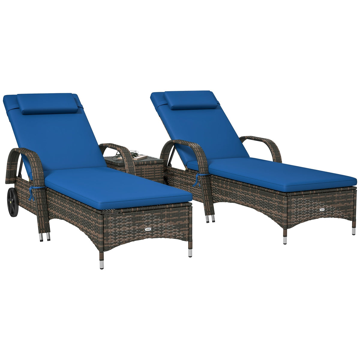 Outsunny 3-Piece Wicker Chaise Lounge Chair Set with Side Table, 5-Level Adjustable Backrest, Blue - 862-011V01BU