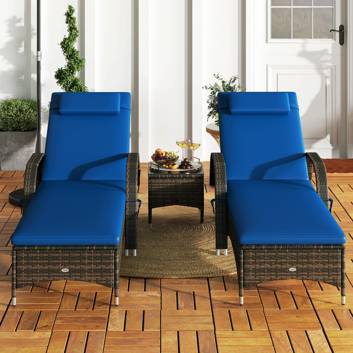 Outsunny 3-Piece Wicker Chaise Lounge Chair Set with Side Table, 5-Level Adjustable Backrest, Blue - 862-011V01BU