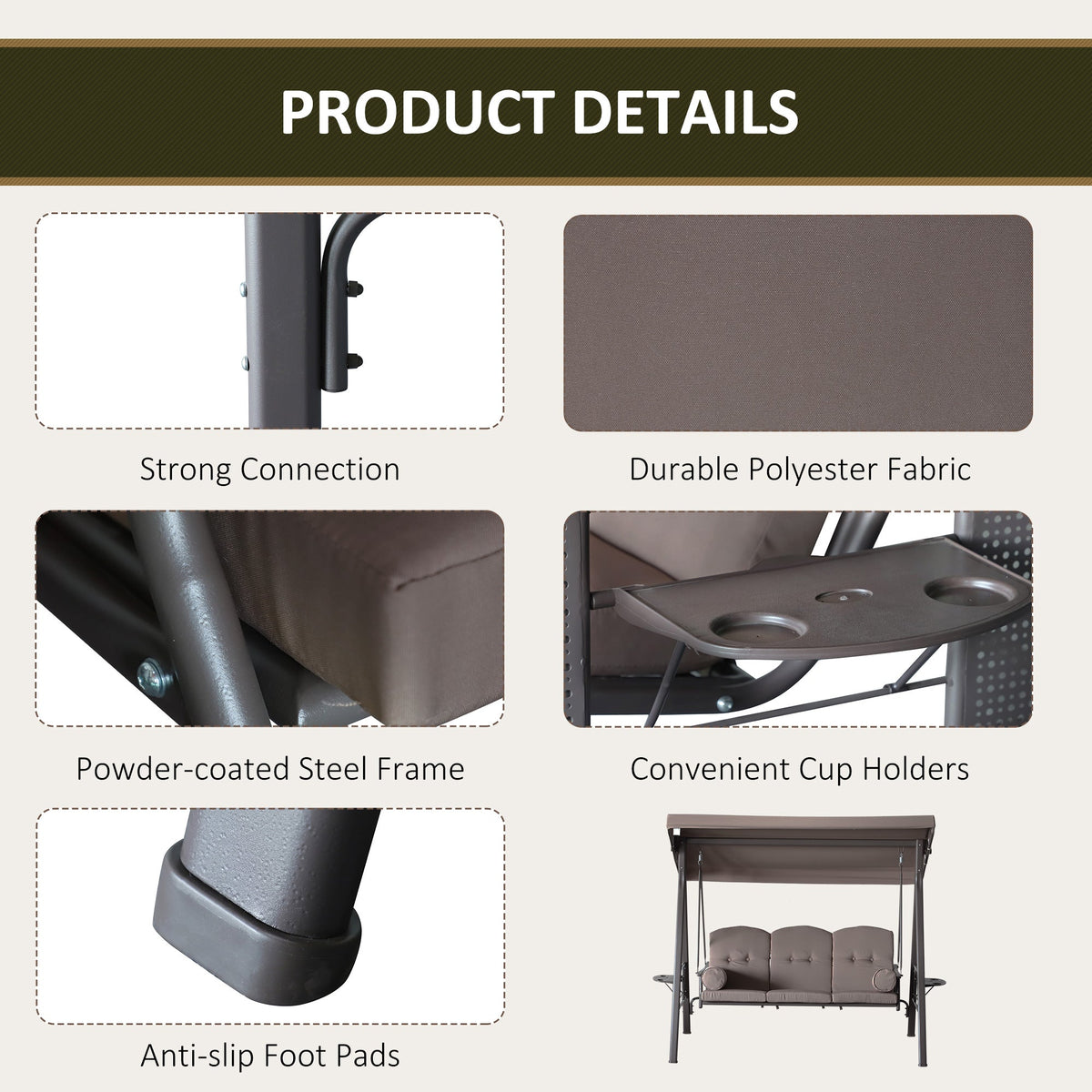 3-Seat Patio Swing Chair with Adjustable Canopy, Removable Cushion & Side Trays, Brown - 84A-068BN