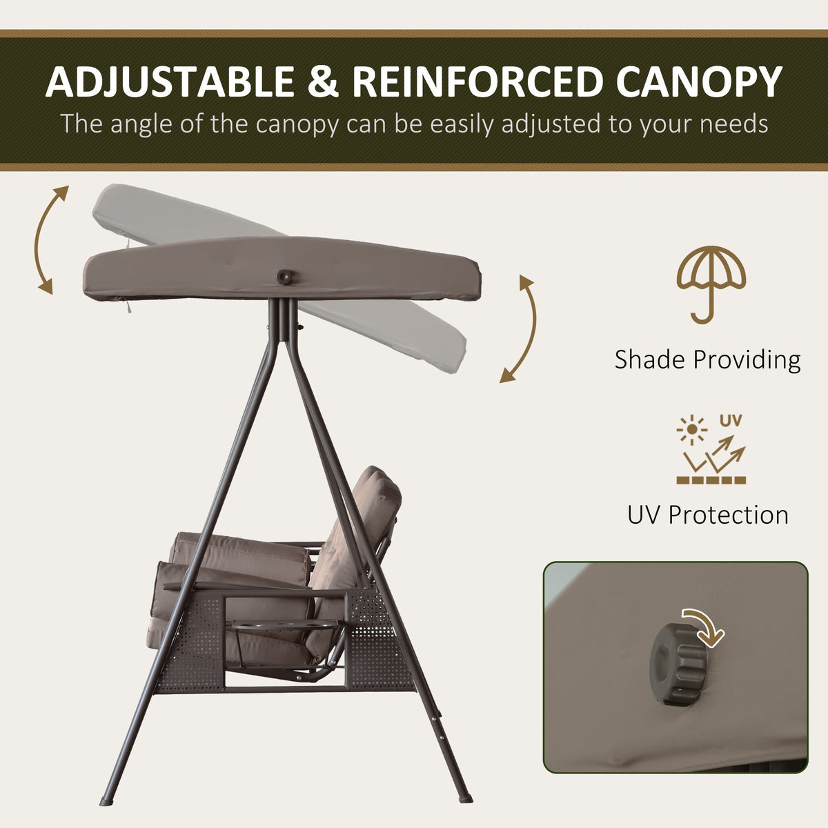 3-Seat Patio Swing Chair with Adjustable Canopy, Removable Cushion & Side Trays, Brown - 84A-068BN
