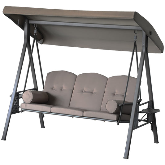 3-Seat Patio Swing Chair with Adjustable Canopy, Removable Cushion & Side Trays, Brown - 84A-068BN