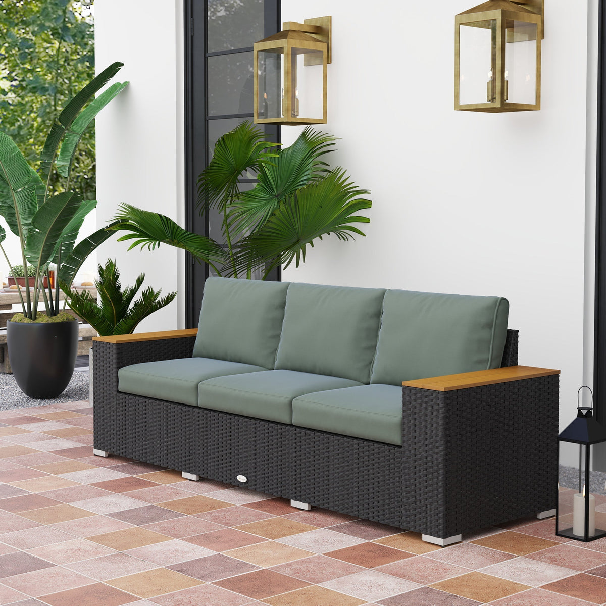 Outsunny 3-Seat Rattan Patio Couch with Cushions and Wood Grain Wide Armrests, Dark Gray - 860-304V00CG