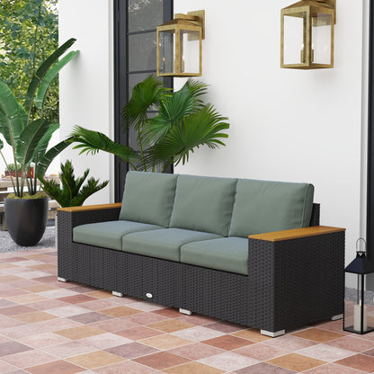 Outsunny 3-Seat Rattan Patio Couch with Cushions and Wood Grain Wide Armrests, Dark Gray - 860-304V00CG