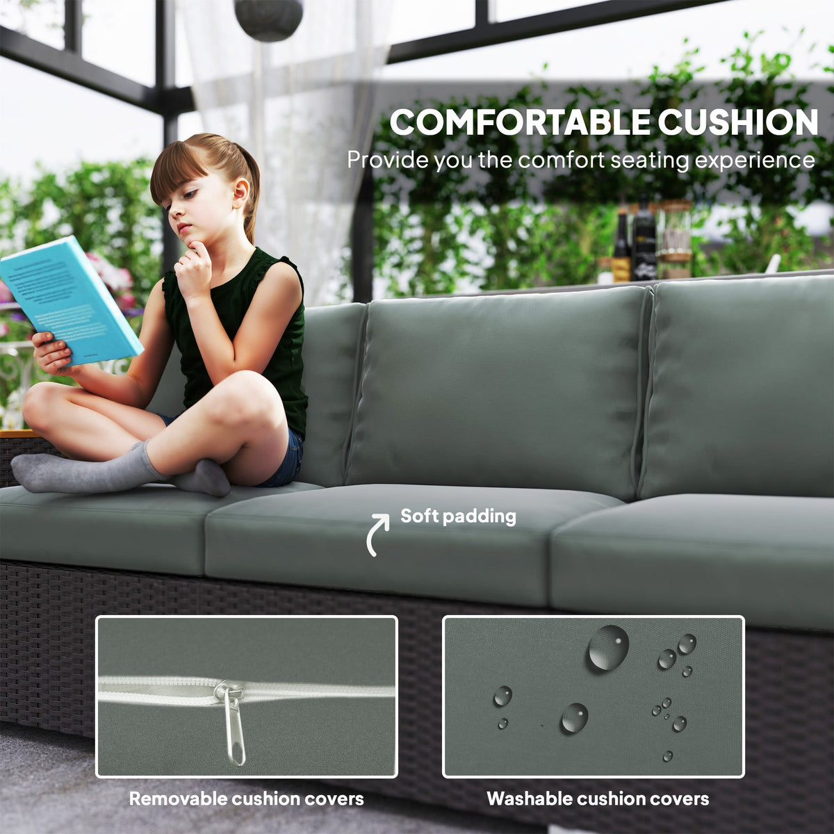 Outsunny 3-Seat Rattan Patio Couch with Cushions and Wood Grain Wide Armrests, Dark Gray - 860-304V00CG