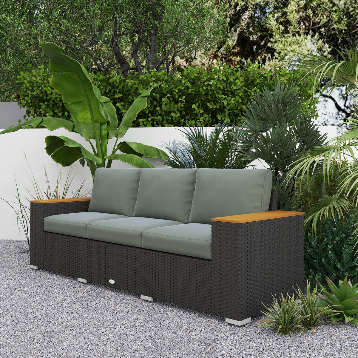 Outsunny 3-Seat Rattan Patio Couch with Cushions and Wood Grain Wide Armrests, Dark Gray - 860-304V00CG