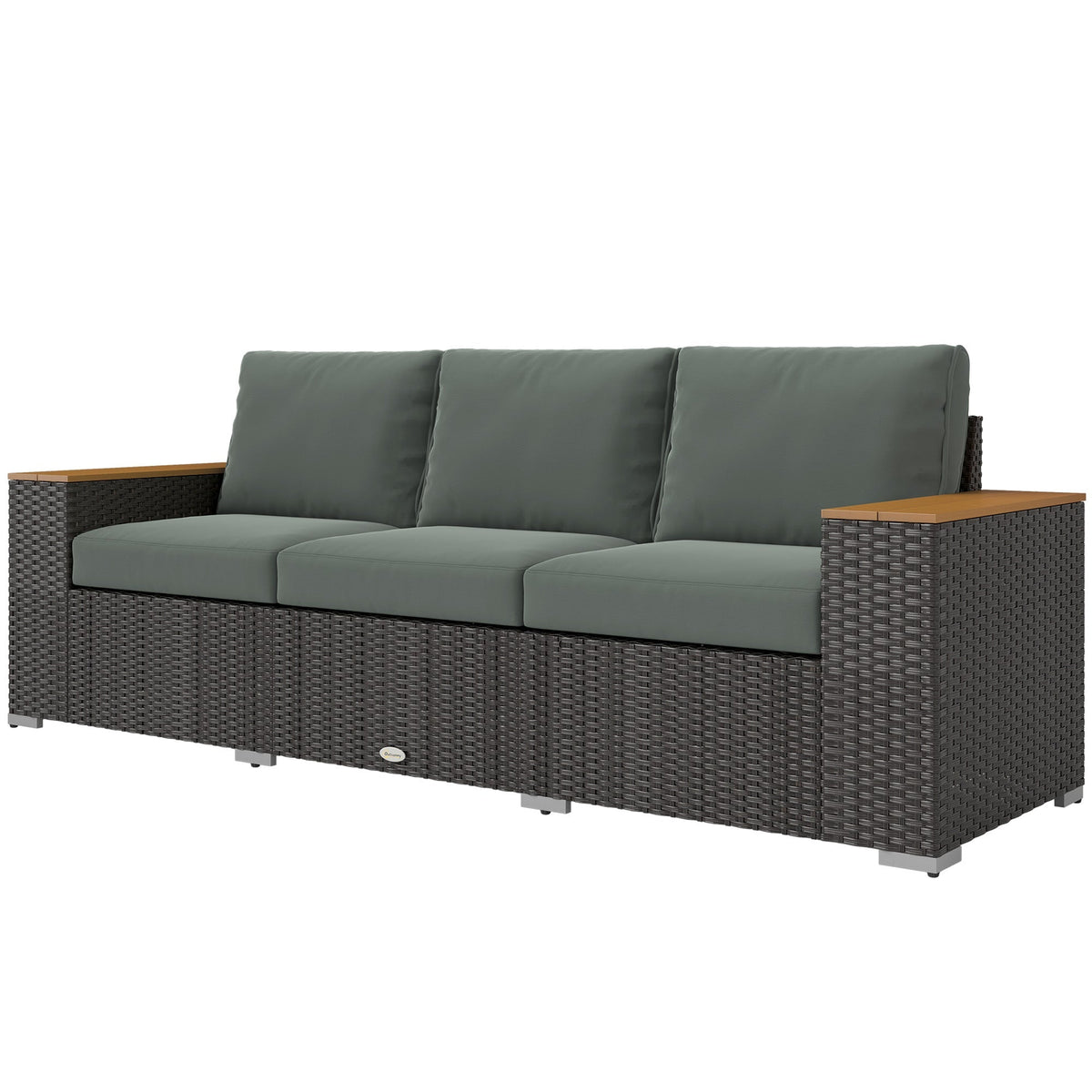 Outsunny 3-Seat Rattan Patio Couch with Cushions and Wood Grain Wide Armrests, Dark Gray - 860-304V00CG