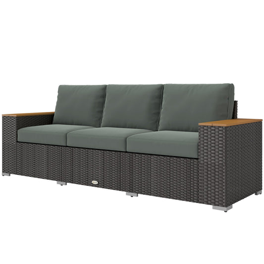 Outsunny 3-Seat Rattan Patio Couch with Cushions and Wood Grain Wide Armrests, Dark Gray - 860-304V00CG