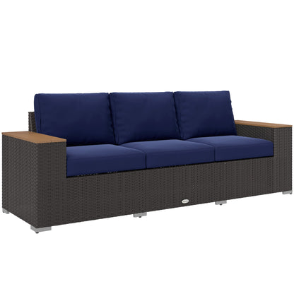Outsunny 3-Seat Rattan Patio Couch with Cushions and Wood Grain Wide Armrests, Navy Blue - 860-304V00DB