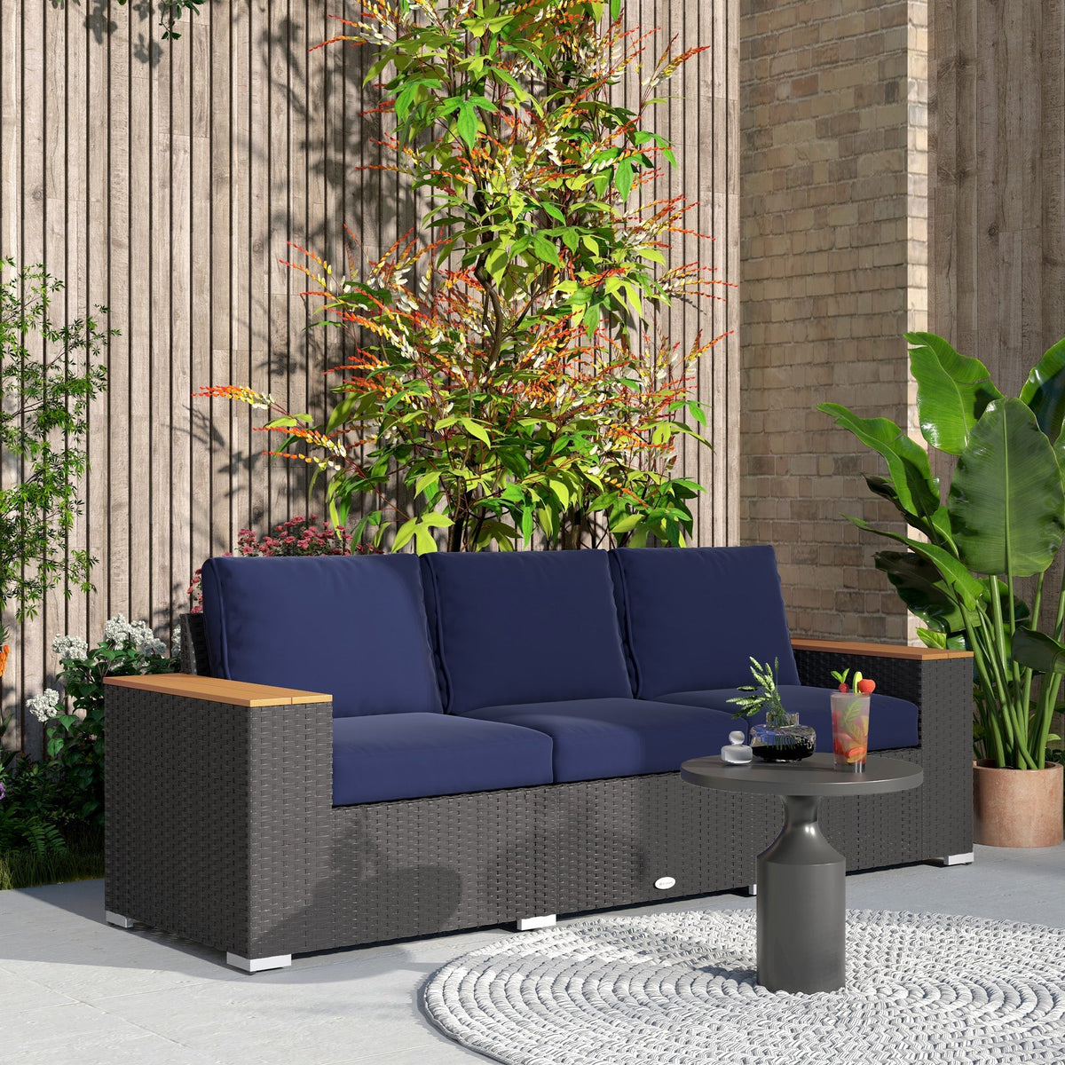 Outsunny 3-Seat Rattan Patio Couch with Cushions and Wood Grain Wide Armrests, Navy Blue - 860-304V00DB