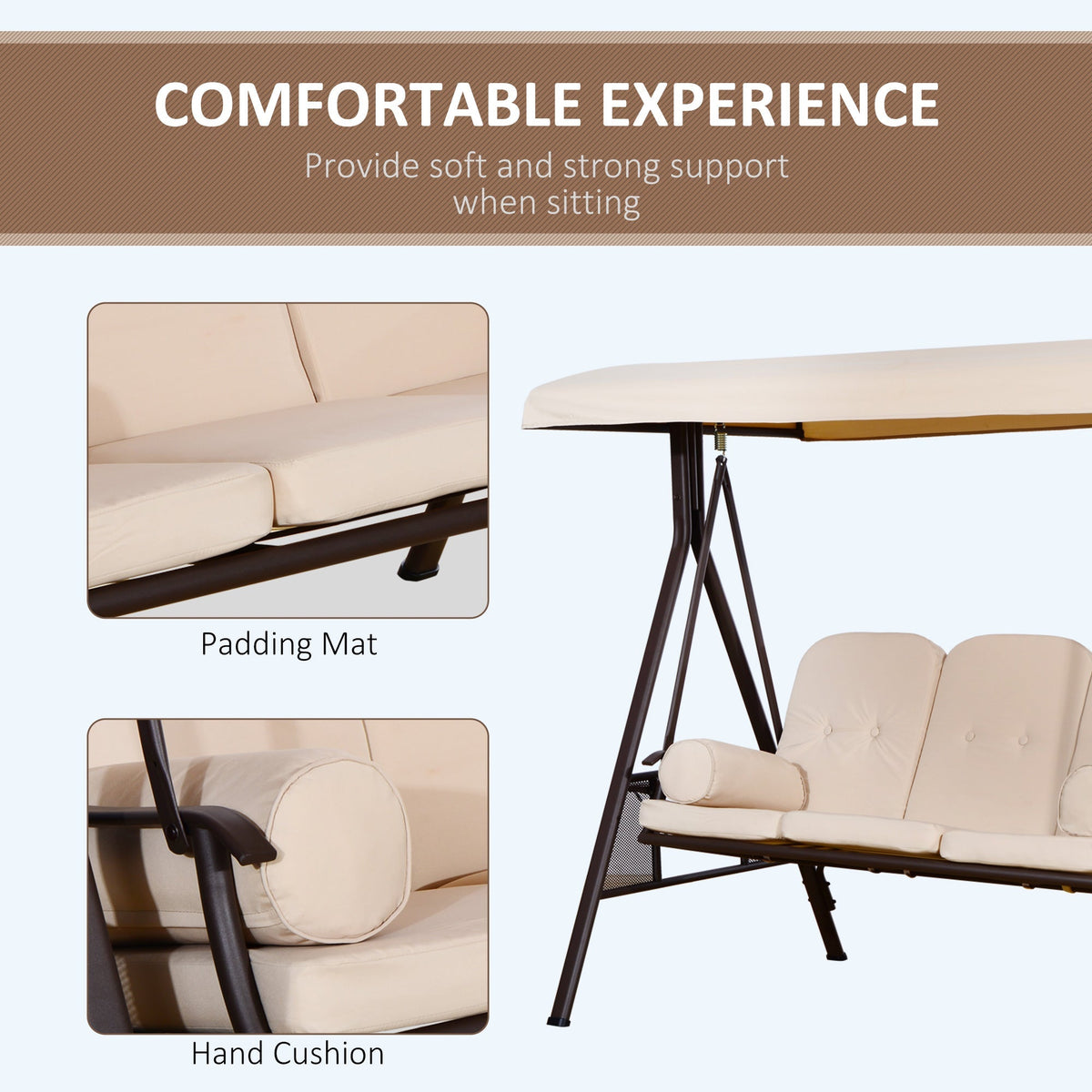 Outsunny 3-Seat Patio Swing Chair with Adjustable Canopy, Removable Cushion & Pillows, Beige -84A-068