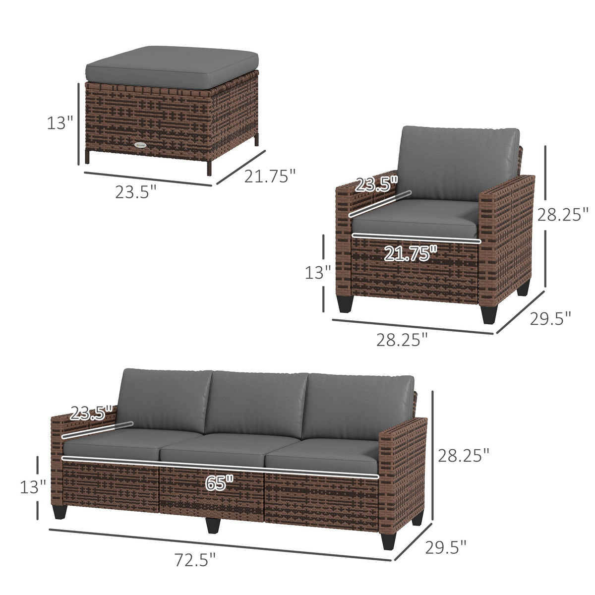 Outsunny 5-Piece PE Rattan Patio Set with 3-Seater Sofa, Armchairs, Footstools & Cushions, Mixed Brown - 860-311V00MB