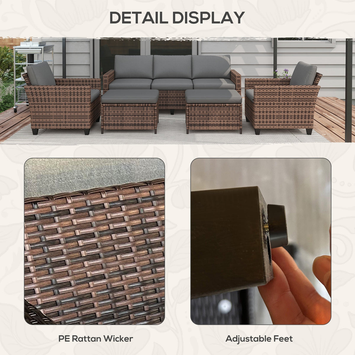 Outsunny 5-Piece PE Rattan Patio Set with 3-Seater Sofa, Armchairs, Footstools & Cushions, Mixed Brown - 860-311V00MB
