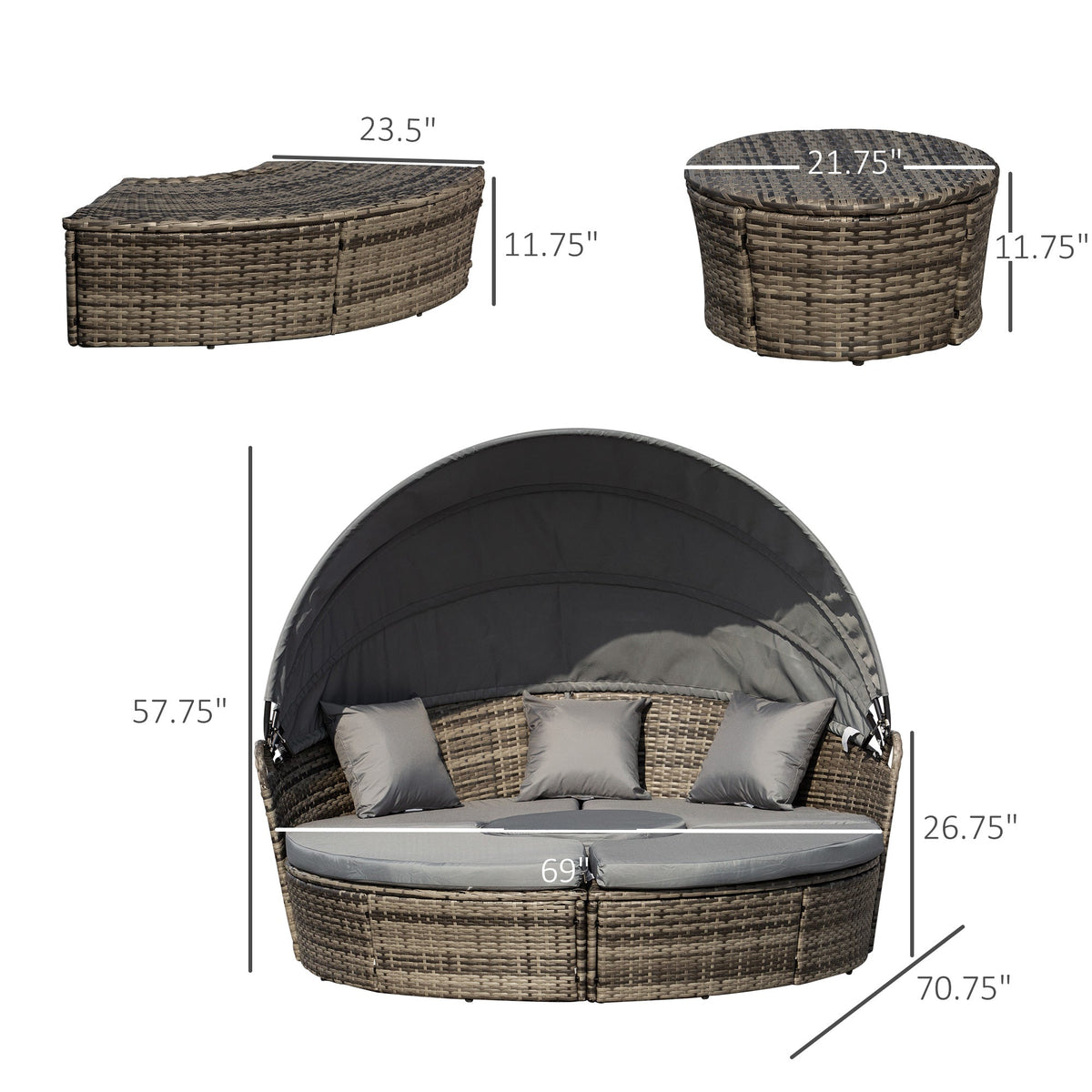 Outsunny 4-Piece Round Convertible Daybed with Adjustable Canopy, Sectional Sofa, 2 Chairs, Table, Gray - 862-021V01GY