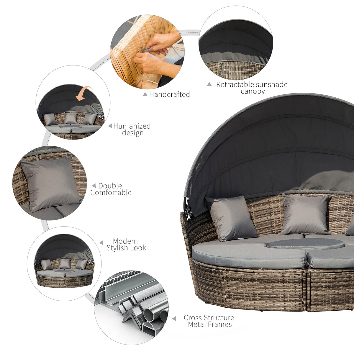 Outsunny 4-Piece Round Convertible Daybed with Adjustable Canopy, Sectional Sofa, 2 Chairs, Table, Gray - 862-021V01GY