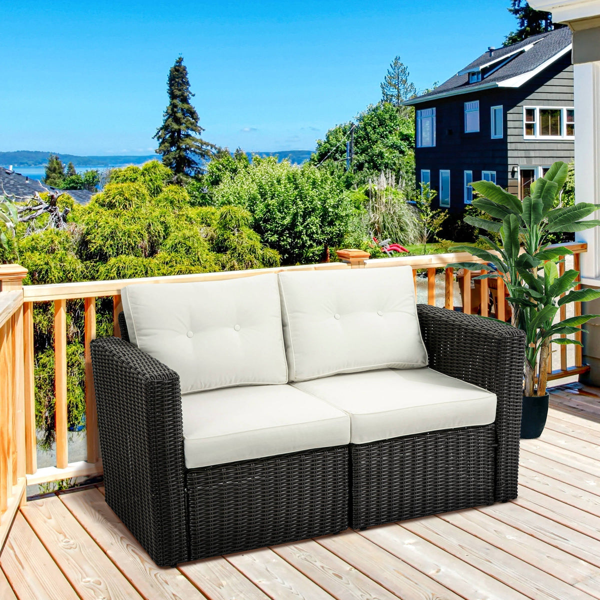 Outsunny 2-Piece Patio Corner Sofa Set with PE Rattan & Padded Cushions, Beige - 860-204CW