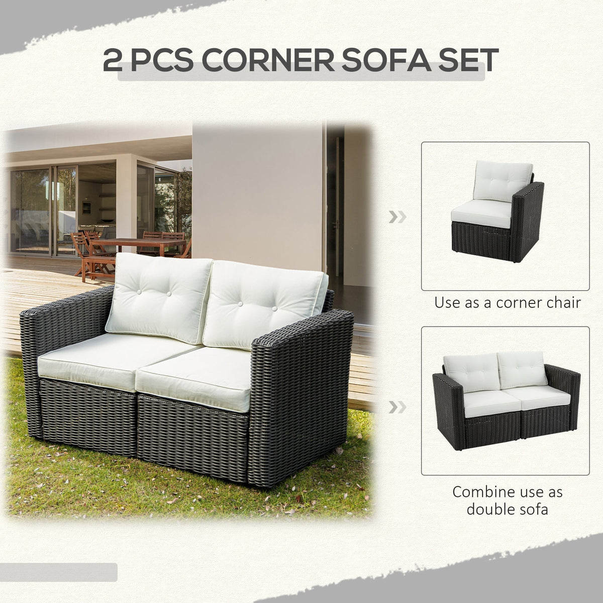 Outsunny 2-Piece Patio Corner Sofa Set with PE Rattan & Padded Cushions, Beige - 860-204CW