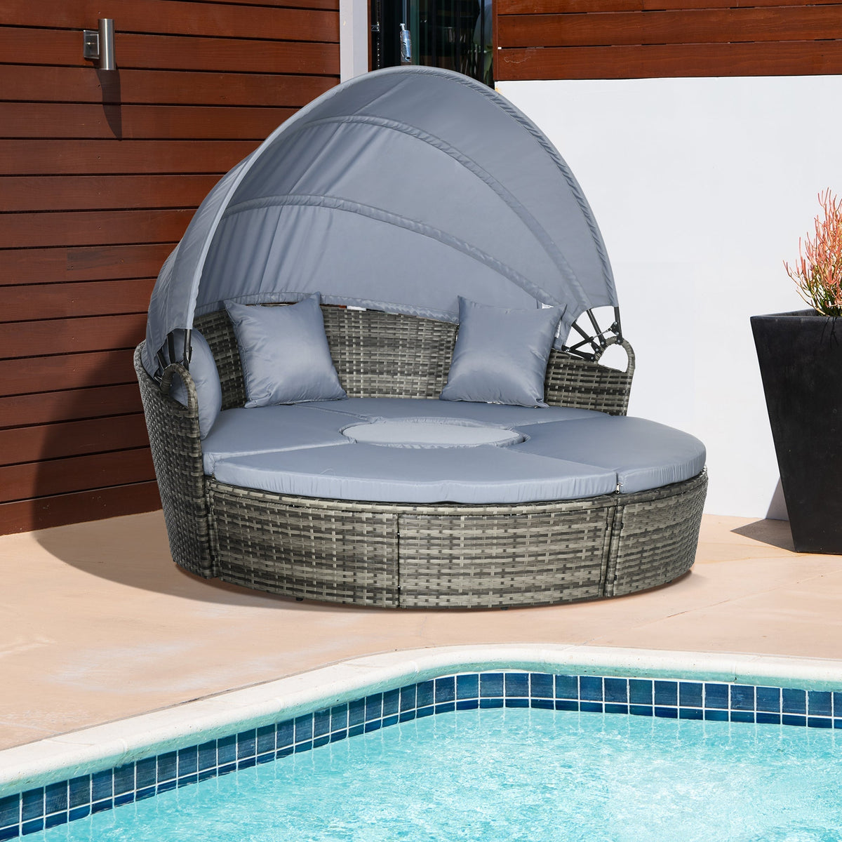 Outsunny Round Outdoor Daybed with Canopy, 4-Piece Sectional Outdoor Sofa, 3 Chairs, Tea Table, Light Gray - 862-047V00GG