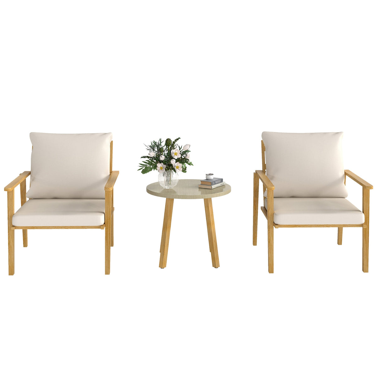 Outsunny Outdoor Conversation Set, 3-Piece Wood-Look Table & Chairs, Deep Seat with Cushions, Cream White - 84G-613V00CW