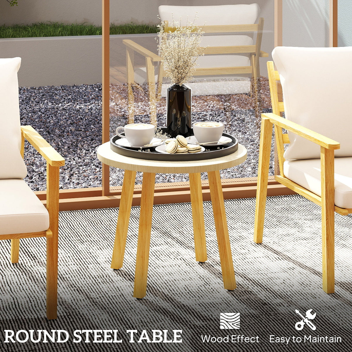 Outsunny Outdoor Conversation Set, 3-Piece Wood-Look Table & Chairs, Deep Seat with Cushions, Cream White - 84G-613V00CW