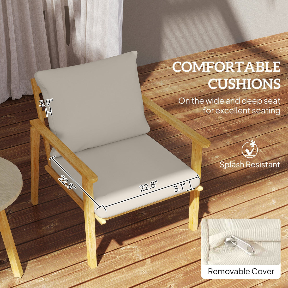 Outsunny Outdoor Conversation Set, 3-Piece Wood-Look Table & Chairs, Deep Seat with Cushions, Cream White - 84G-613V00CW